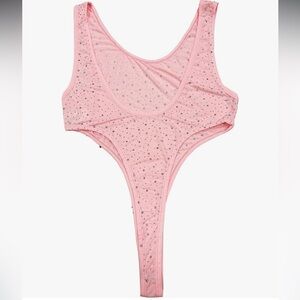 Pink crystal bodysuit thong romper rave club rhinestone jumpsuit one piece swim